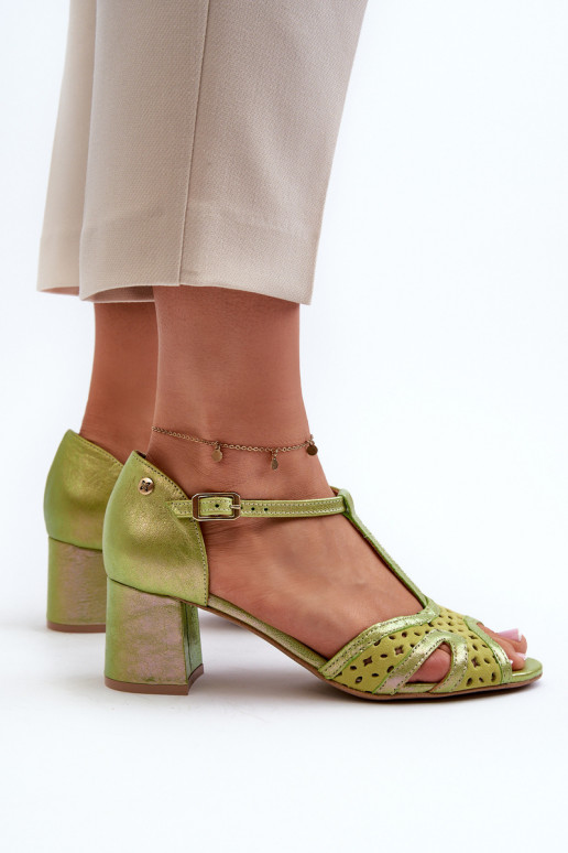 Sandały Skórzane Damskie Na Obcasie Maciejka 06551-09 Limonkowe