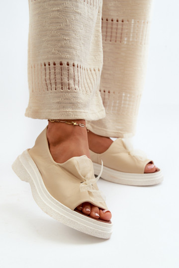 Zazoo 2939 Skórzane Sandały DamskiewithKokardką Jasnobeżowe