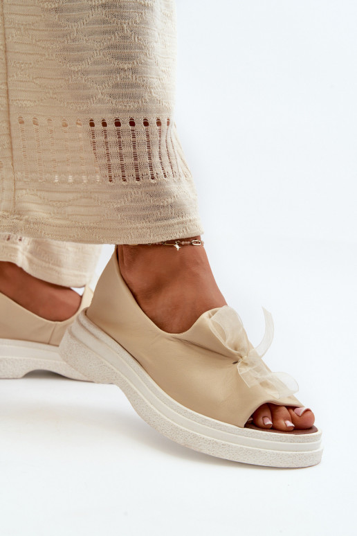 Zazoo 2939 Skórzane Sandały DamskiewithKokardką Jasnobeżowe