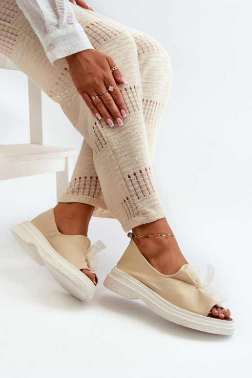 Zazoo 2939 Skórzane Sandały DamskiewithKokardką Jasnobeżowe