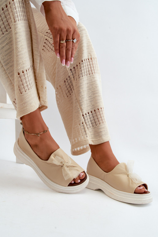 Zazoo 2939 Skórzane Sandały DamskiewithKokardką Jasnobeżowe