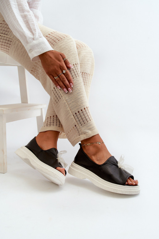 Zazoo 2939 Skórzane Sandały DamskiewithKokardką Czarne