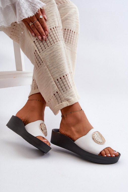 Zazoo 2920 Leather Women's Wedge Sandals With Gold Detail White Zazoo 2920