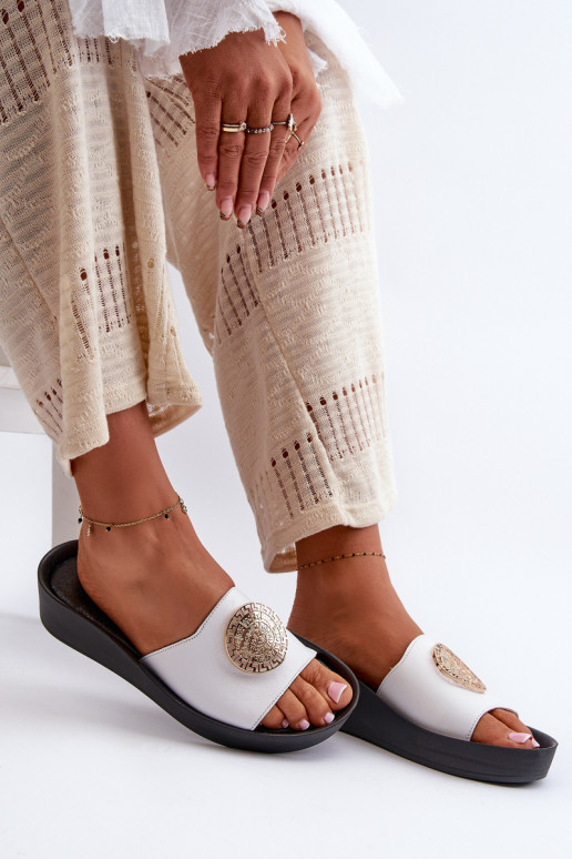 Zazoo 2920 Leather Women's Wedge Sandals With Gold Detail White Zazoo 2920