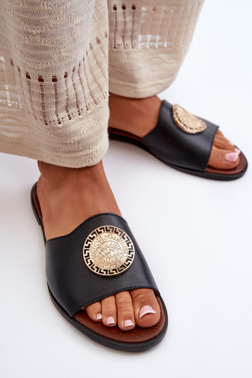 Zazoo 2938 Skórzane Klapki Na Płaskim ObcasiewithOzdobą Czarne