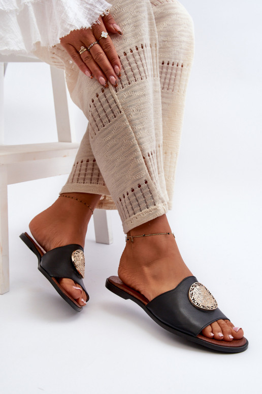 Zazoo 2938 Skórzane Klapki Na Płaskim ObcasiewithOzdobą Czarne