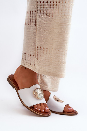 Zazoo 2938 Leather Flat Heel Slippers With Ornament White 2