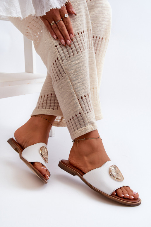 Zazoo 2938 Skórzane Klapki Na Płaskim ObcasiewithOzdobą Białe