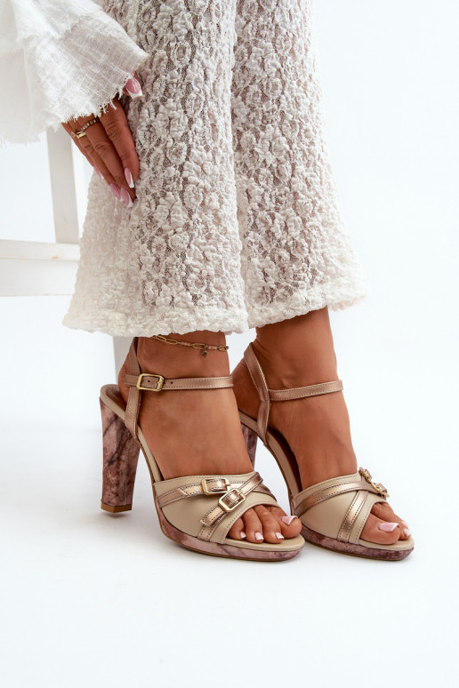 Skórzane Sandały Damskie Na Słupku Maciejka 06564-22 Beżowo-Złote