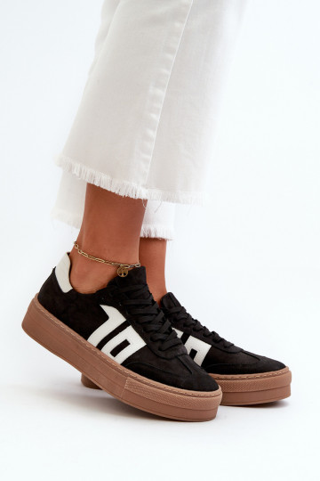 Black Leather Women's Platform Sneakers Zazoo N1095S2 2