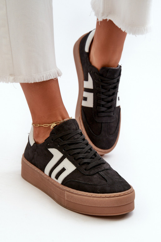 Zazoo N1095S2 Sneakersy Skórzane Damskie Na Platformie Czarne