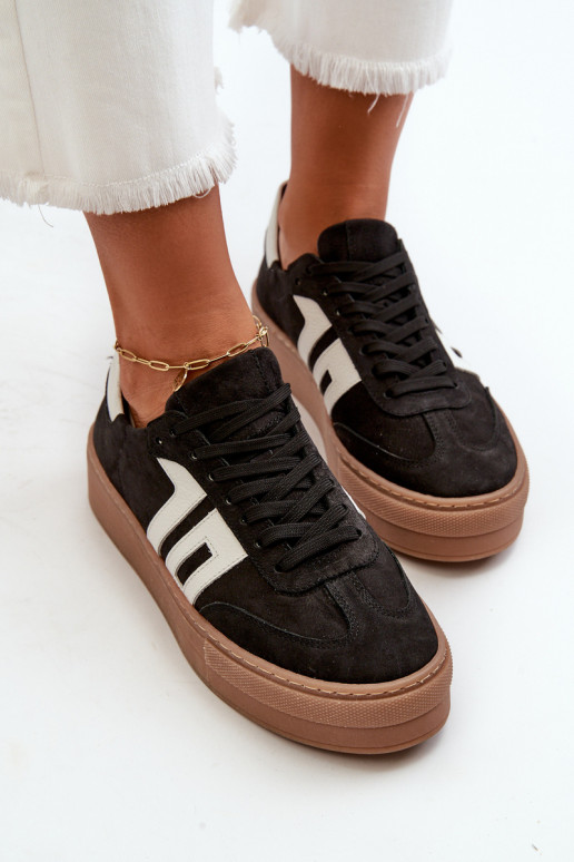 Zazoo N1095S2 Sneakersy Skórzane Damskie Na Platformie Czarne