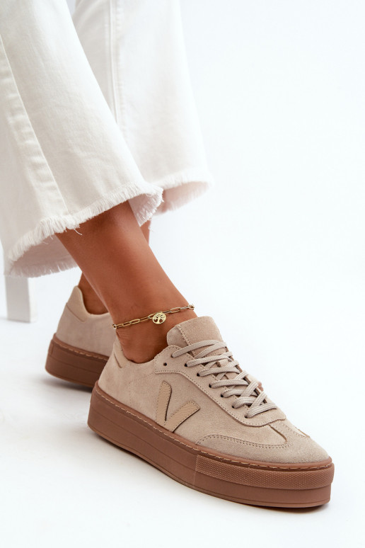 Zazoo N1100S2 Women's Suede Platform Sneakers Beige