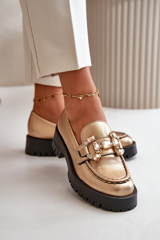 Damskie Skórzane MokasynywithOzdobą CheBello 4369 Złote