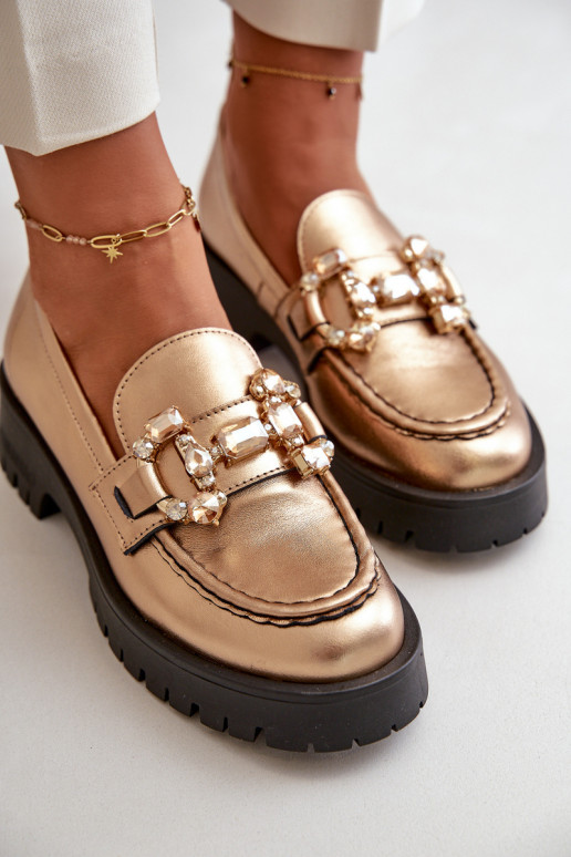 Damskie Skórzane MokasynywithOzdobą CheBello 4369 Złote