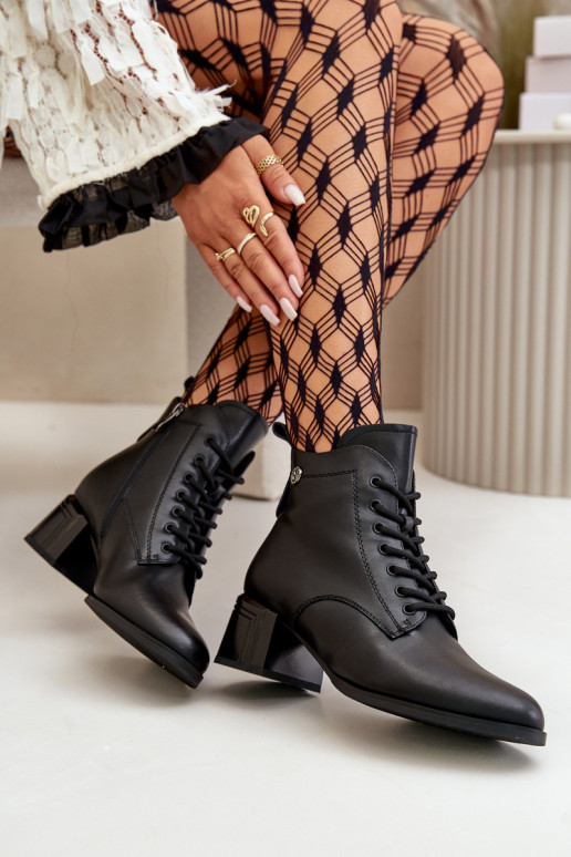 Lace Up Women's Heeled Boots Made Of Natural Leather Insulated Black Vinceza 91110