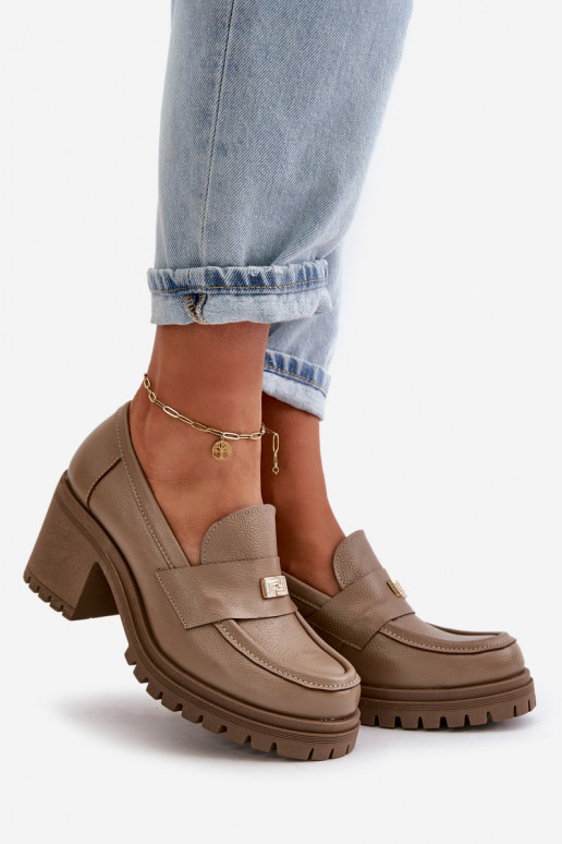 Zazoo 20168 Eleganckie Półbuty Damskie Na Słupku Skóra Naturalna Ciemnobeżowe