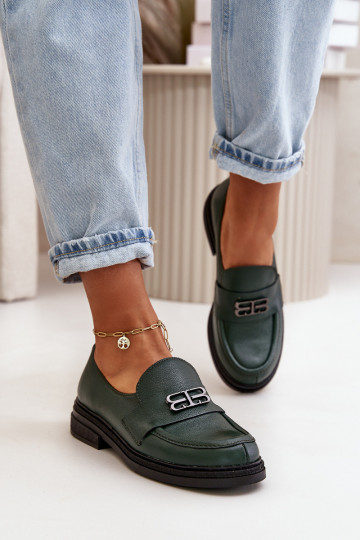 Zazoo 20174 Leather Elegant Women Loafers Flat Heel Dark Green 2