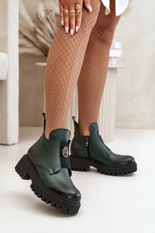 Zazoo 60451 Women's Leather Ankle Boots With Decoration Dark Green Zazoo 60451 Women's Leather Ankle Boots With Decoration Dark Green