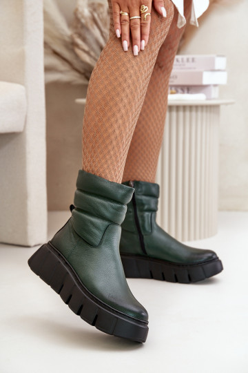 Women's Leather Ankle Boots With Zipper Insulated With Felt Dark Green Zazoo 60512