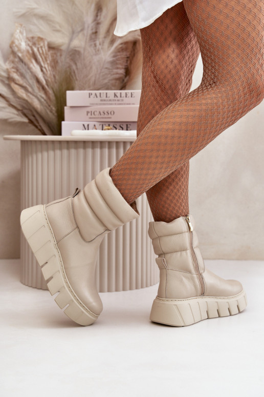 Zazoo 60512 Women Leather Ankle Boots With Zipper Insulated With Felt Light Beige Zazoo 60512 Women Leather Ankle Boots With Zipper Insulated With Felt Light Beige