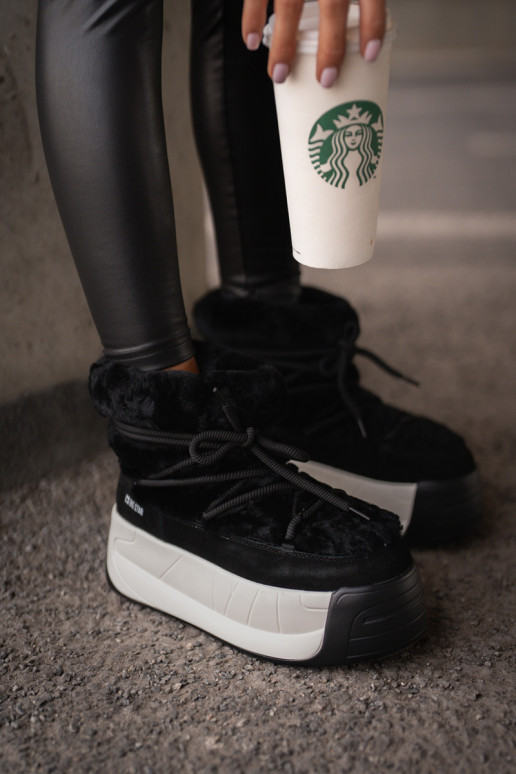 Skórzane Śniegowce Damskie Na Grubej PodeszwiewithFuterkiem Big Star OO274A206 Czarne