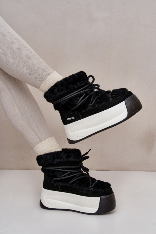 Women's Leather Snow Boots On Thick Sole With Fur Big Star OO274A206 Black Women's Leather Snow Boots On Thick Sole With Fur Big Star OO274A206 Black