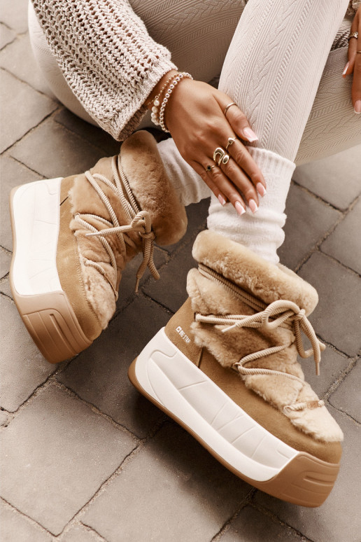 Skórzane Śniegowce Damskie Na Grubej PodeszwiewithFuterkiem Big Star OO274A207 Brązowe