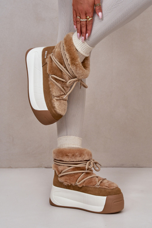 Leather Women's Snow Boots On Thick Sole With Fur Big Star OO274A207 Brown Leather Women's Snow Boots On Thick Sole With Fur Big Star OO274A207 Brown