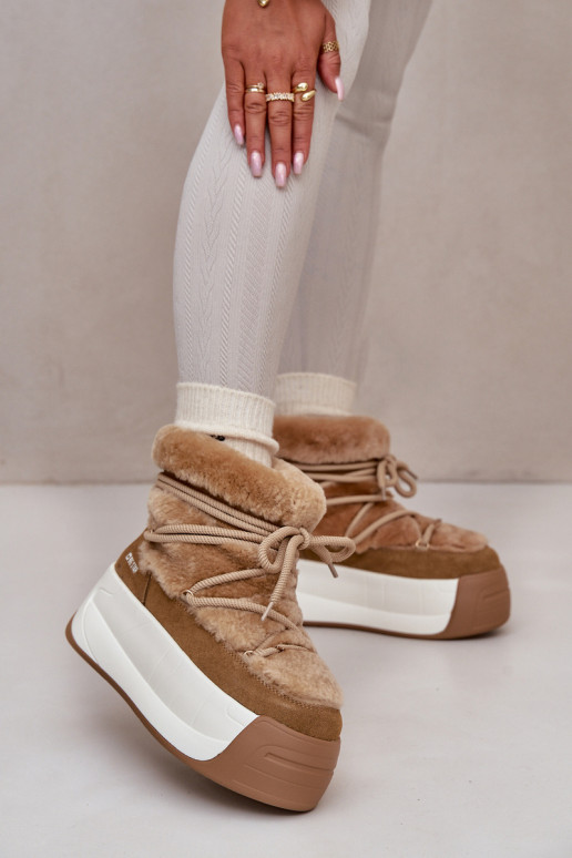 Leather Women's Snow Boots On Thick Sole With Fur Big Star OO274A207 Brown Leather Women's Snow Boots On Thick Sole With Fur Big Star OO274A207 Brown