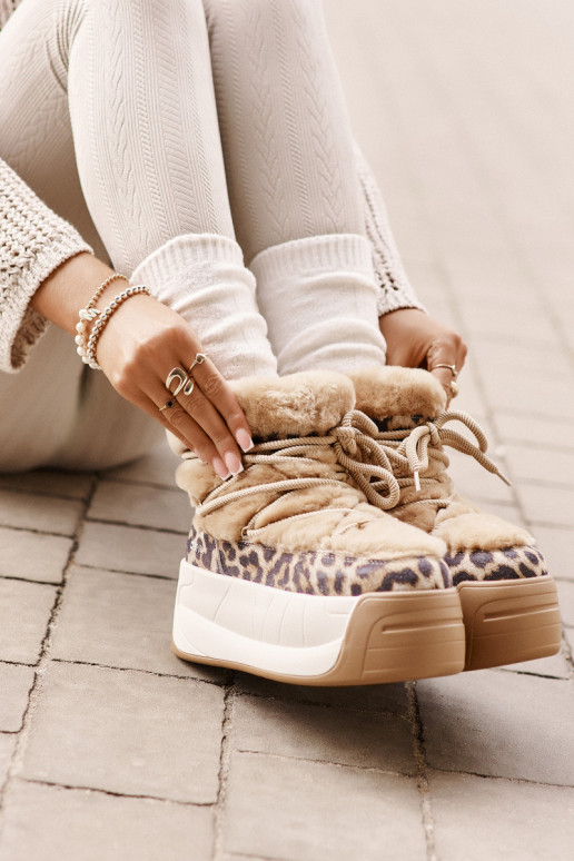 Skórzane Śniegowce Damskie Na Grubej PodeszwiewithFuterkiem Panterka Big Star OO274A208 Brązowe