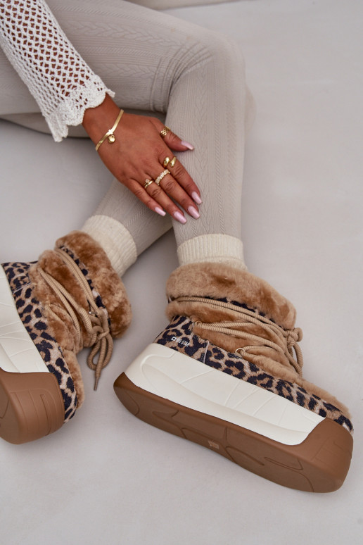 Skórzane Śniegowce Damskie Na Grubej PodeszwiewithFuterkiem Panterka Big Star OO274A208 Brązowe