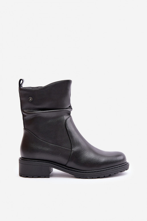 Leather Women's Ankle Boots Insulated With Gathering Black Vinceza 66714