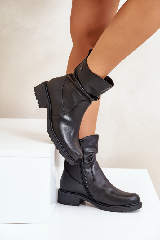 Leather Women's Ankle Boots Insulated With Gathering Black Vinceza 66714