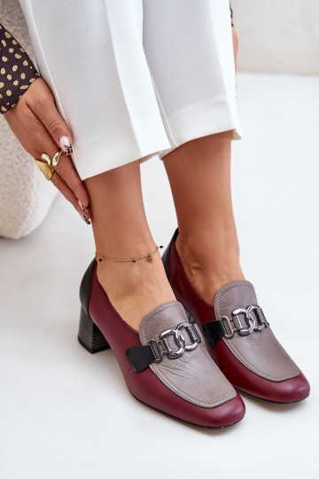 Leather Heels On A Block Heel With A Gold Decoration Laura Messi 2861 Burgundy 2