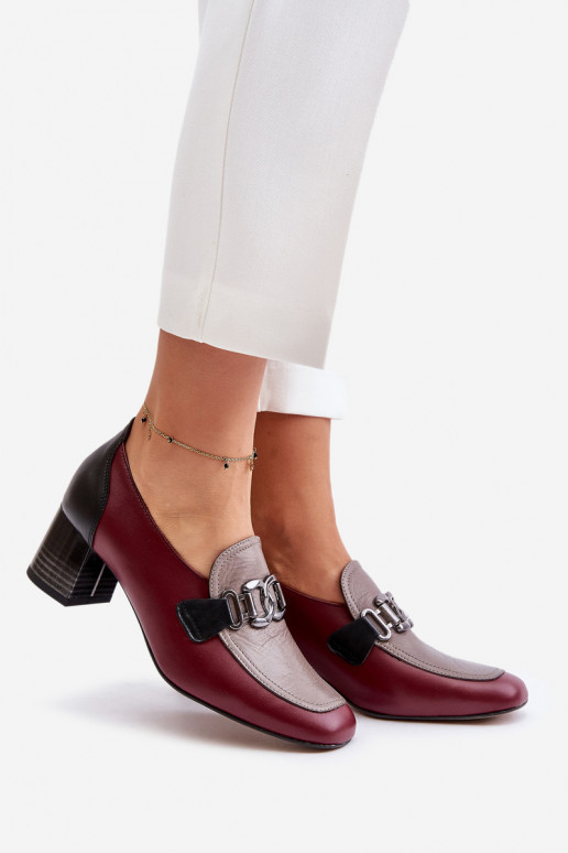 Leather Heels On A Block Heel With A Gold Decoration Laura Messi 2861 Burgundy Leather Heels On A Block Heel With A Gold Decoration Laura Messi 2861 Burgundy