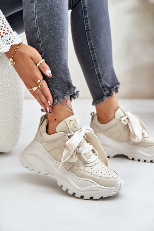 Damskie Skórzane Sneakersy Beżowe CheBello 4583