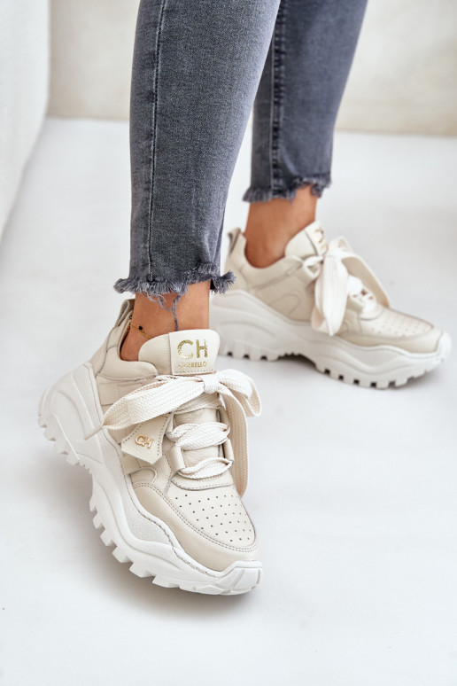Damskie Skórzane Sneakersy Beżowe CheBello 4583