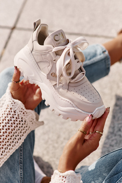 Damskie Skórzane Sneakersy Beżowe CheBello 4583