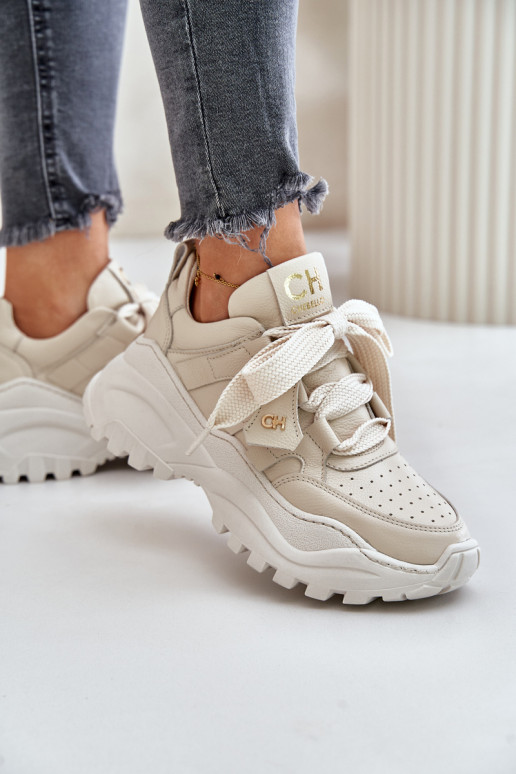 Damskie Skórzane Sneakersy Beżowe CheBello 4583