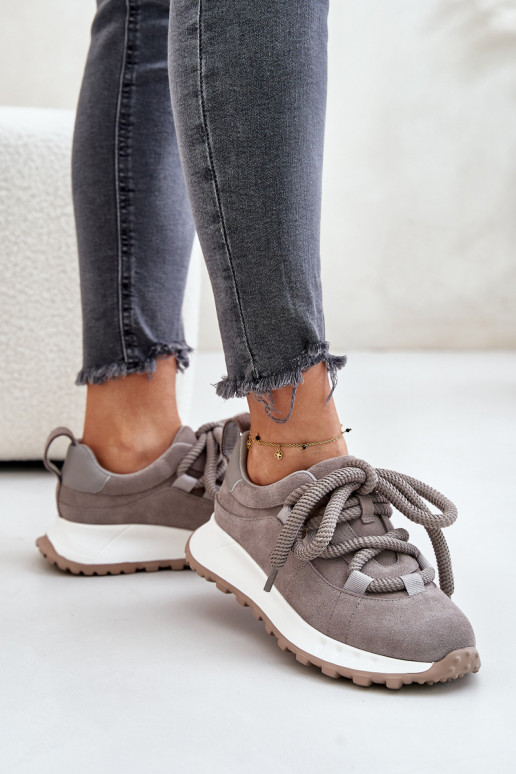 Suede Ladies Sneakers With Thick Laces Gray Artiker 54C1465