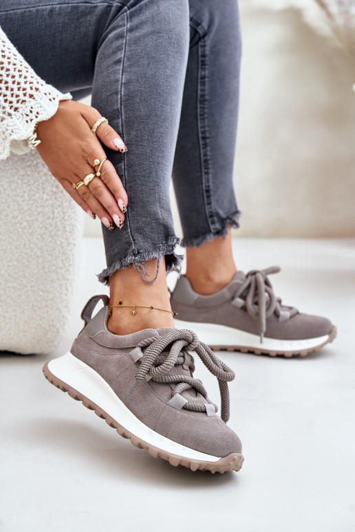 Suede Ladies Sneakers With Thick Laces Gray Artiker 54C1465