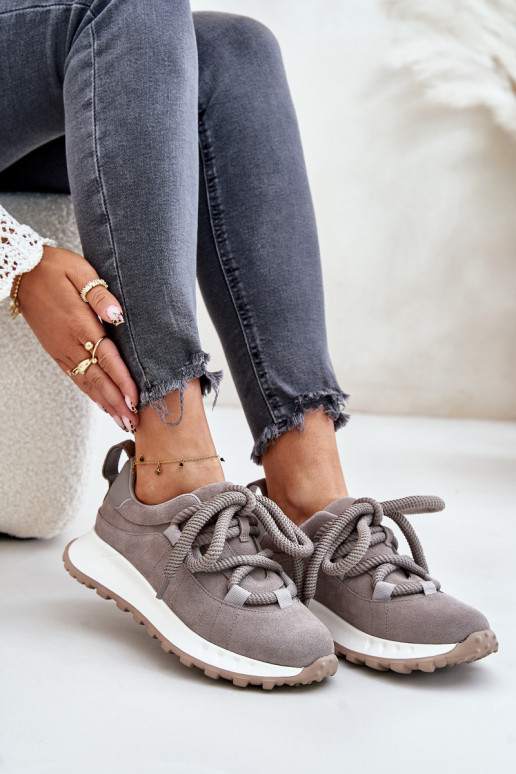 Suede Ladies Sneakers With Thick Laces Gray Artiker 54C1465