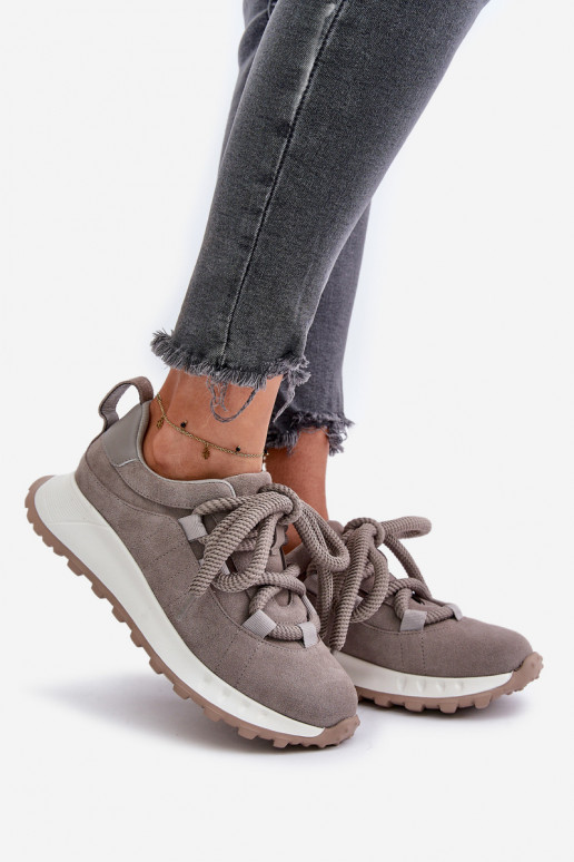Suede Ladies Sneakers With Thick Laces Gray Artiker 54C1465