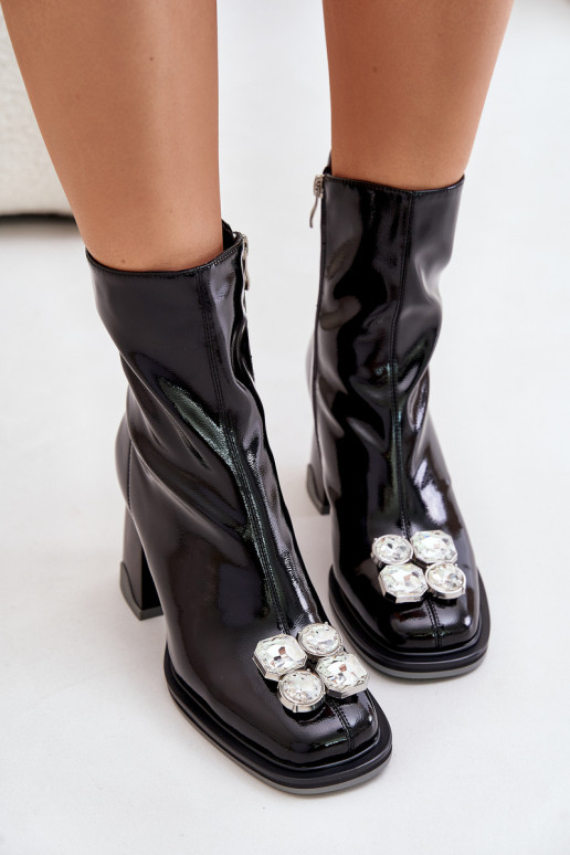 Lacquered Women's Heeled Boots With Decoration MR880-019 Black D&A Lacquered Women's Heeled Boots With Decoration MR880-019 Black D&A