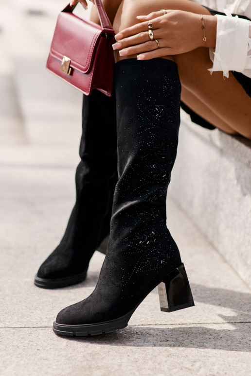 Decorated Ladies Knee High Boots Insulated On Heel Black MR880-158 Decorated Ladies Knee High Boots Insulated On Heel Black MR880-158