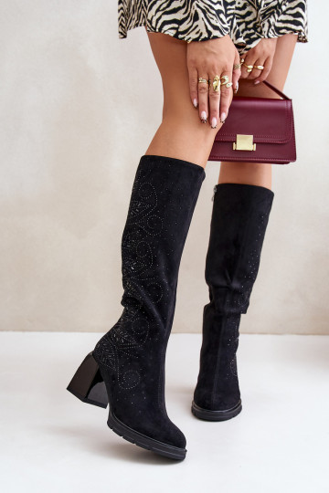 Decorated Ladies Knee High Boots Insulated On Heel Black MR880-158 2
