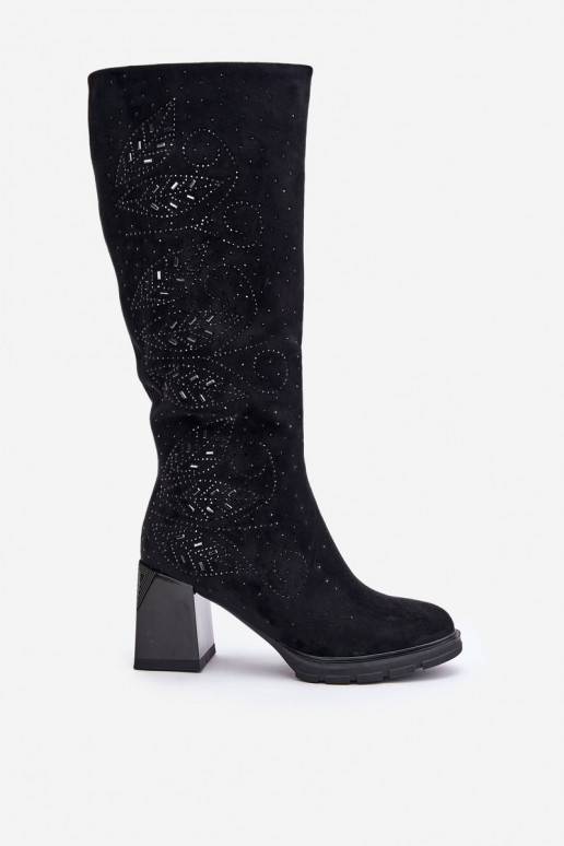 Decorated Ladies Knee High Boots Insulated On Heel Black MR880-158 Decorated Ladies Knee High Boots Insulated On Heel Black MR880-158