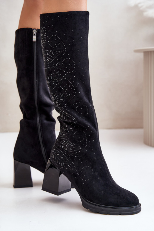 Decorated Ladies Knee High Boots Insulated On Heel Black MR880-158 Decorated Ladies Knee High Boots Insulated On Heel Black MR880-158