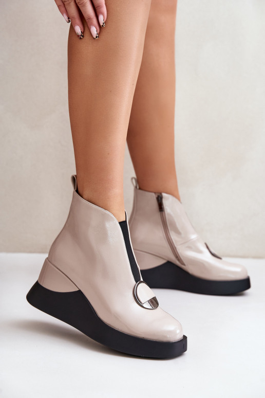 Lacquered Wedge Heeled Ankle Boots Insulated D&A Beige MR880-136 Lacquered Wedge Heeled Ankle Boots Insulated D&A Beige MR880-136